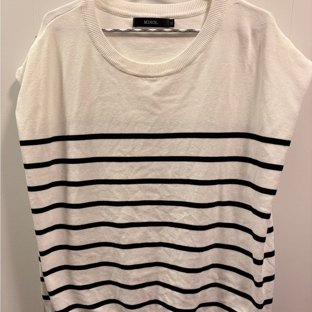 Mirol Women's White and Black Cap Sleeve Striped Loose Sweater XL